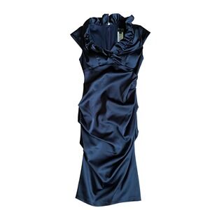 XSCAPE Petite Joanna Chen Black Satin Ruched Portrait Neck Dress 4P